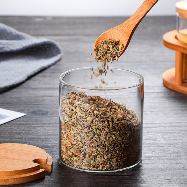 Large Square Spice Jars Airtight Bamboo Lid 10oz - Reihey Glass