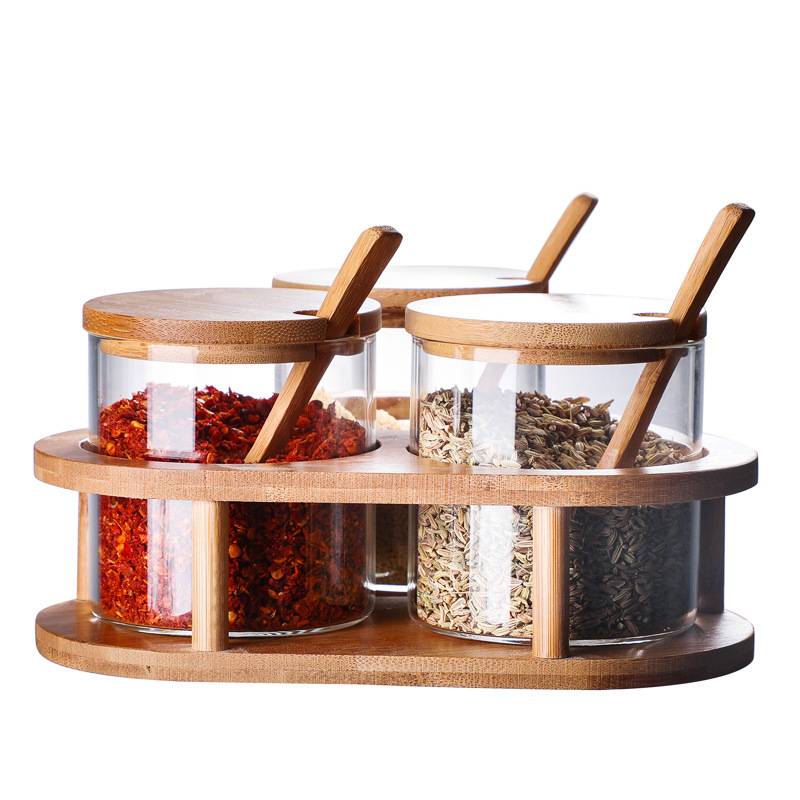Large Square Spice Jars Airtight Bamboo Lid 10oz - Reihey Glass