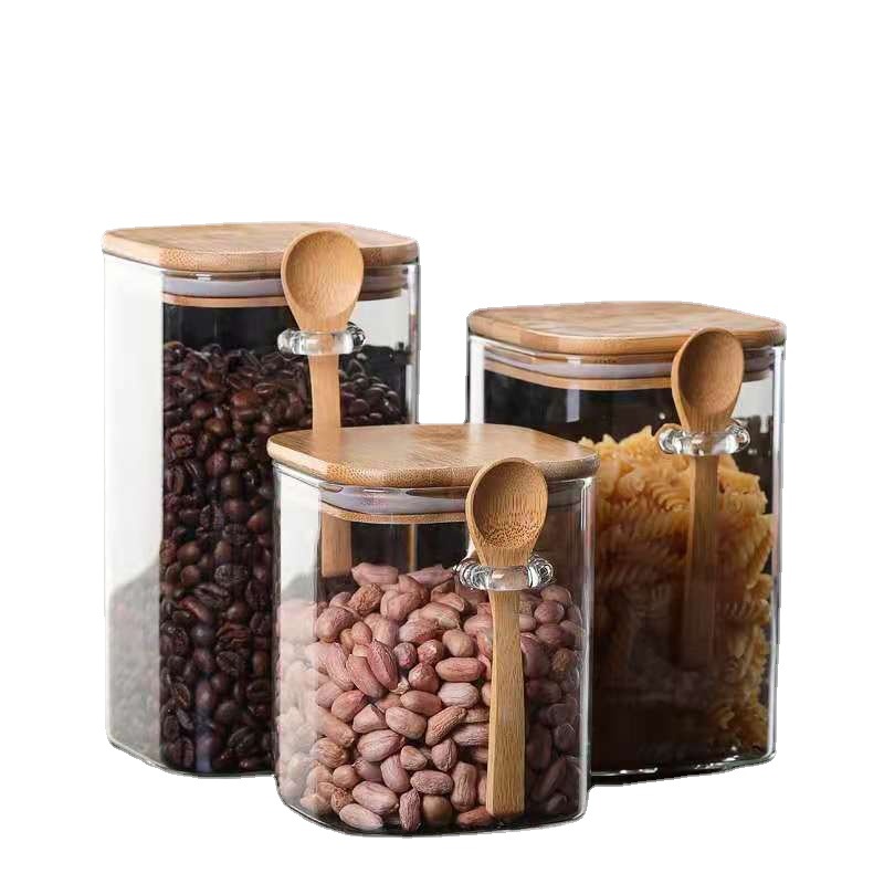 Square Borosilicate Glass Food Jar With Bamboo Lid and Spoon - Reihey Glass