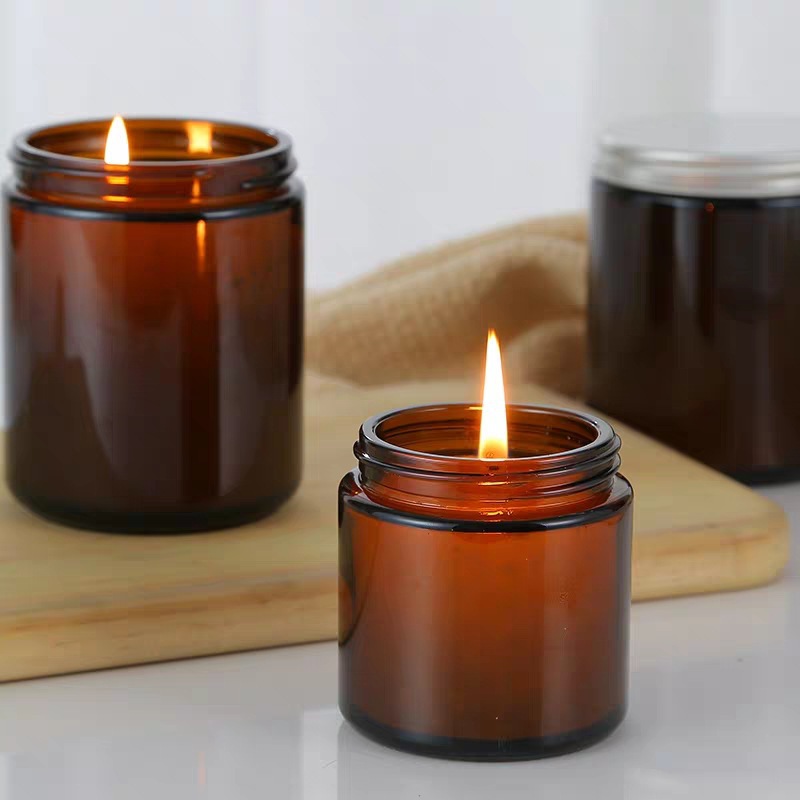 4oz Round Amber Glass Candle Jars with Aluminum Lids - Reihey Glass